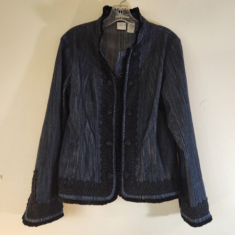 Emma James Black Denim, Mandarin Collar, Velvet Trim LS Jacket Sz 6